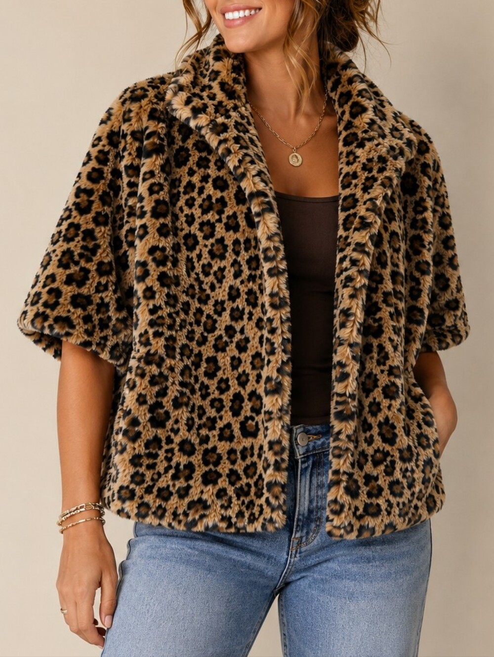 Lucy & Laurel Faux Fur Leopard Print Short Sleeve Coat Women Size Med Mobwife